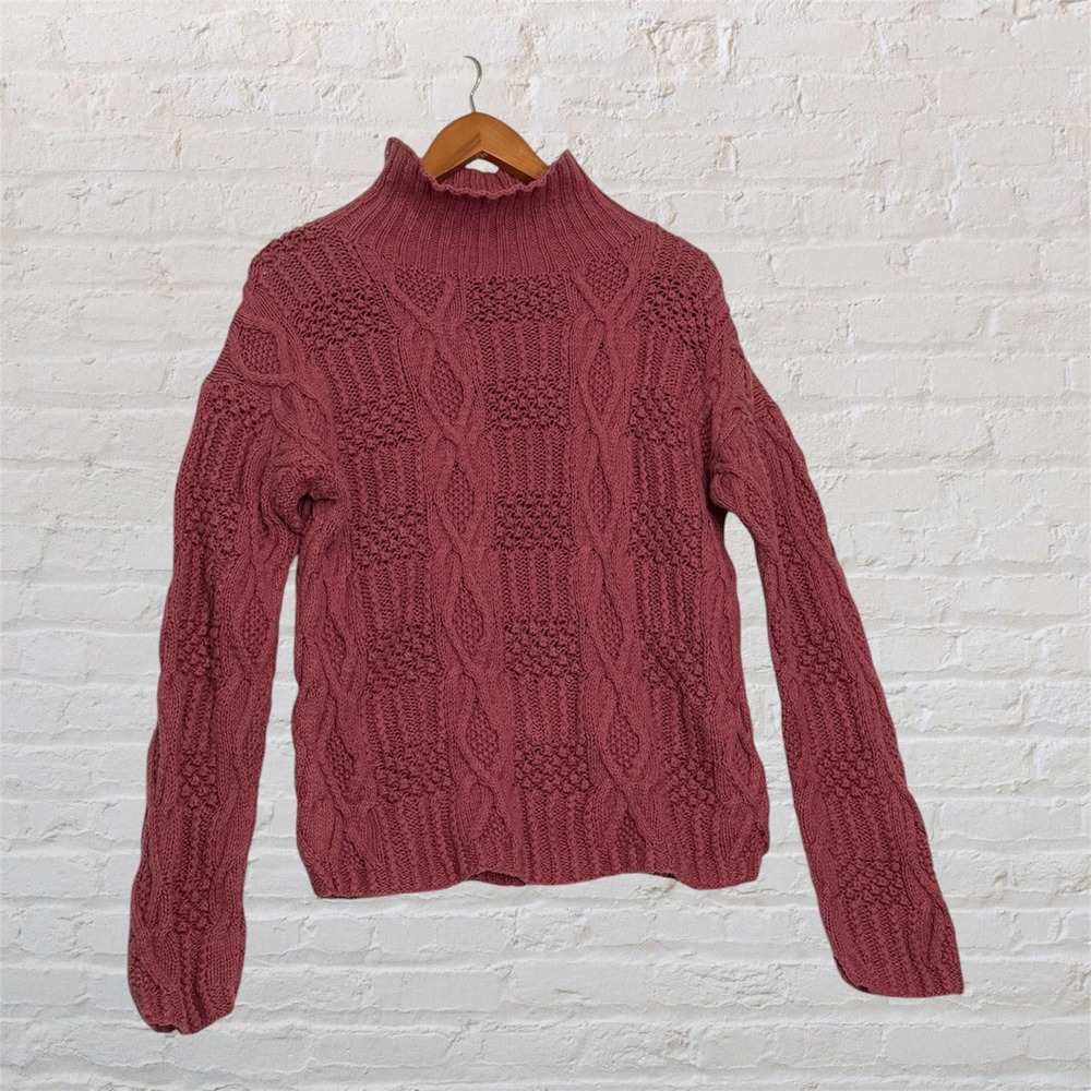 Vintage Outback Red Cable Knit Mock Neck Sweater Pink Ramie Cotton Blend Small